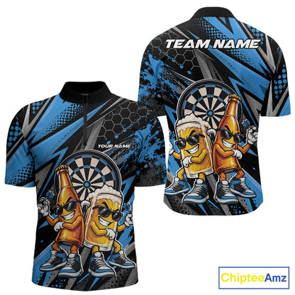 Custom Black And Blue Beer Bottle And Beer Pitcher Funny Dart Buddies Men Quarter Zip Shirt IPHW12673