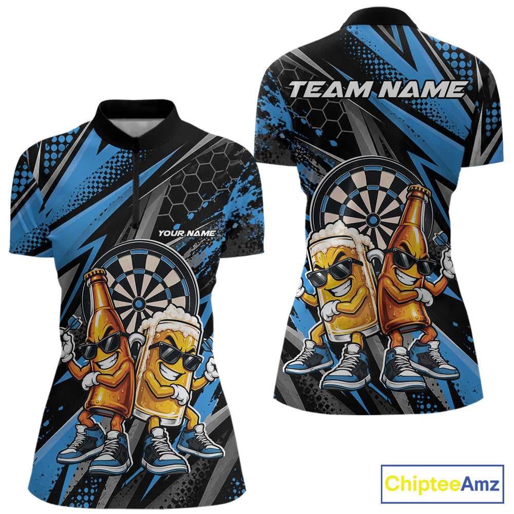 Custom Black And Blue Beer Bottle And Beer Pitcher Funny Dart Buddies Women Quarter-Zip IPHW12673