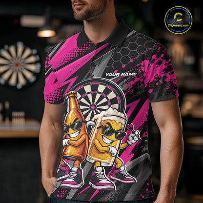 Custom Black And Pink Beer Bottle And Beer Pitcher Funny Dart Buddies Men Polo Shirt IPHW12674