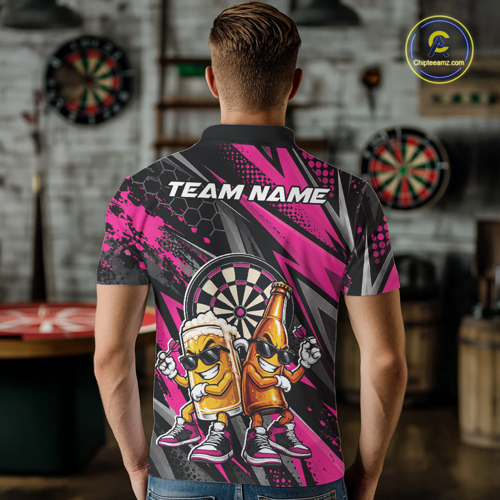 Custom Black And Pink Beer Bottle And Beer Pitcher Funny Dart Buddies Men Polo Shirt IPHW12674