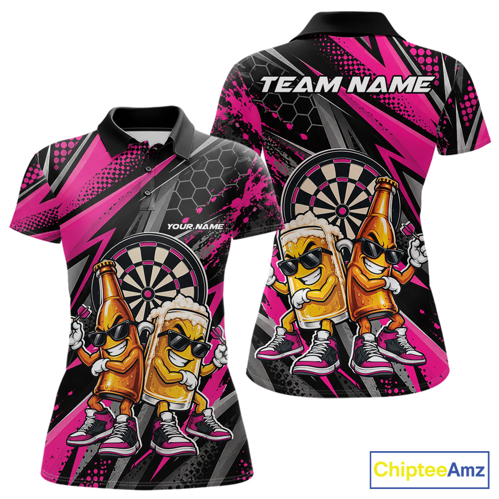 Custom Black And Pink Beer Bottle And Beer Pitcher Funny Dart Buddies Women Polo Shirt IPHW12674