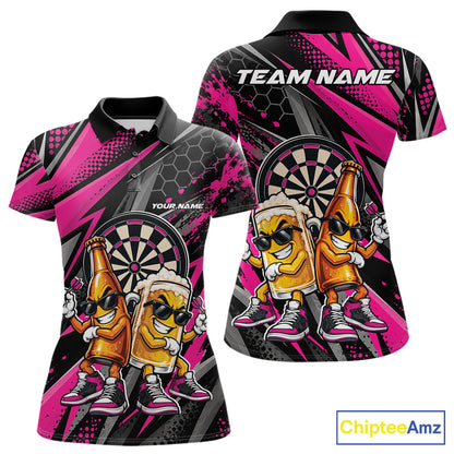 Custom Black And Pink Beer Bottle And Beer Pitcher Funny Dart Buddies Women Polo Shirt IPHW12674
