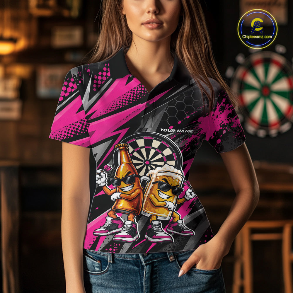 Custom Black And Pink Beer Bottle And Beer Pitcher Funny Dart Buddies Women Polo Shirt IPHW12674