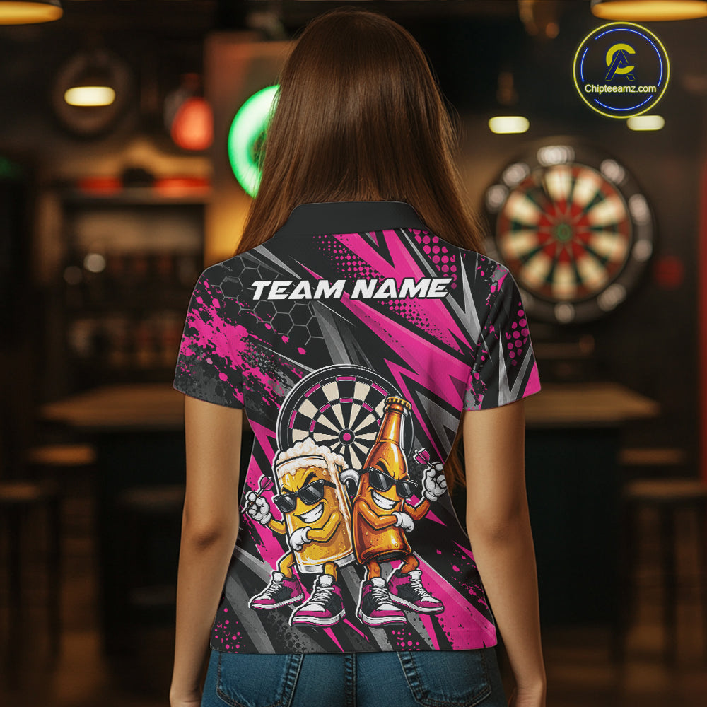 Custom Black And Pink Beer Bottle And Beer Pitcher Funny Dart Buddies Women Polo Shirt IPHW12674