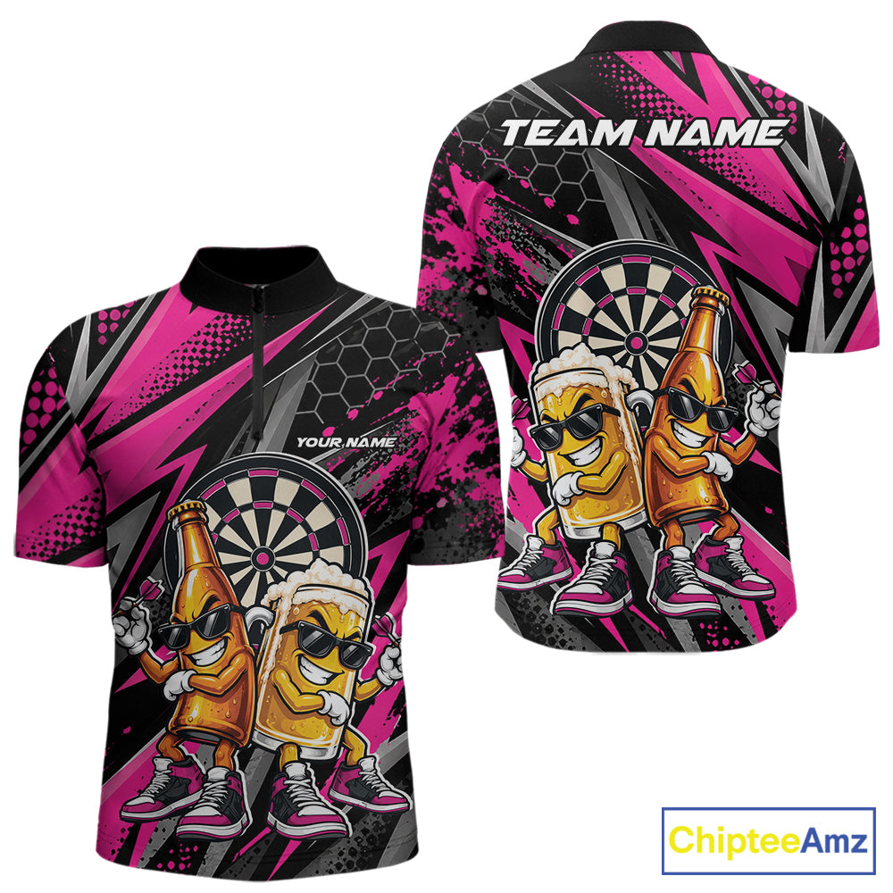 Custom Black And Pink Beer Bottle And Beer Pitcher Funny Dart Buddies Men Quarter Zip Shirt IPHW12674