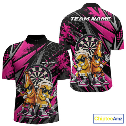 Custom Black And Pink Beer Bottle And Beer Pitcher Funny Dart Buddies Men Quarter Zip Shirt IPHW12674