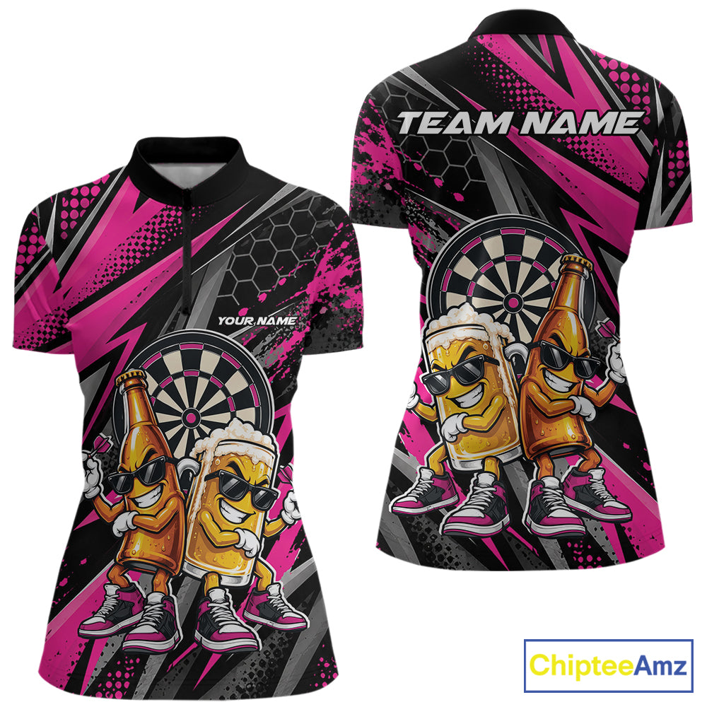 Custom Black And Pink Beer Bottle And Beer Pitcher Funny Dart Buddies Women Quarter-Zip IPHW12674