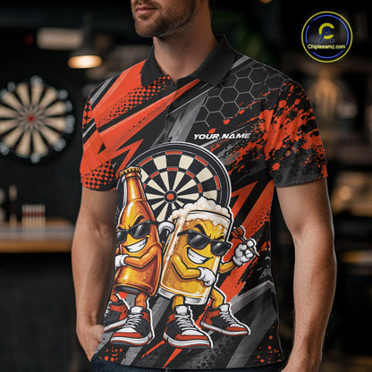 Custom Black And Orange Beer Bottle And Beer Pitcher Funny Dart Buddies Men Polo Shirt IPHW12675