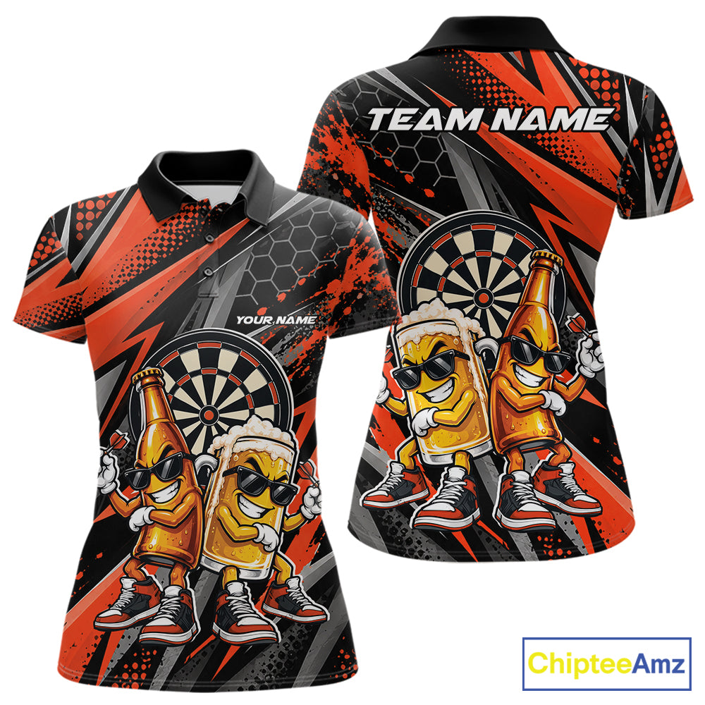 Custom Black And Orange Beer Bottle And Beer Pitcher Funny Dart Buddies Women Polo Shirt IPHW12675