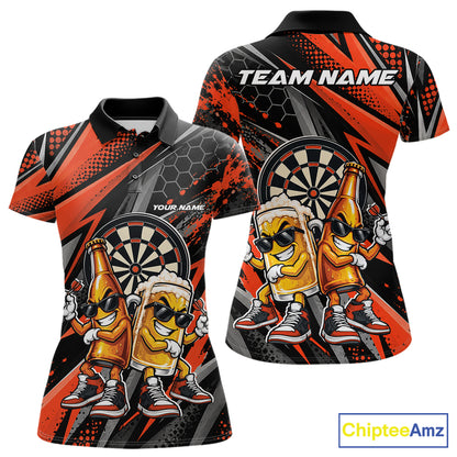 Custom Black And Orange Beer Bottle And Beer Pitcher Funny Dart Buddies Women Polo Shirt IPHW12675