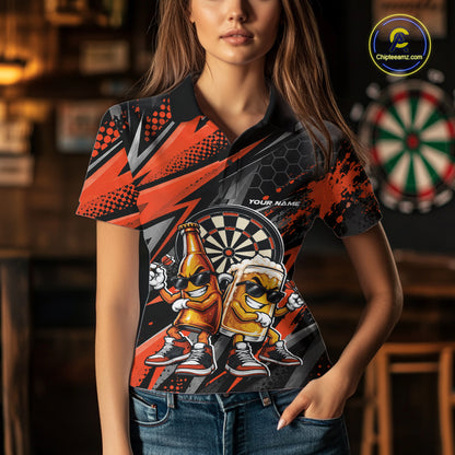 Custom Black And Orange Beer Bottle And Beer Pitcher Funny Dart Buddies Women Polo Shirt IPHW12675