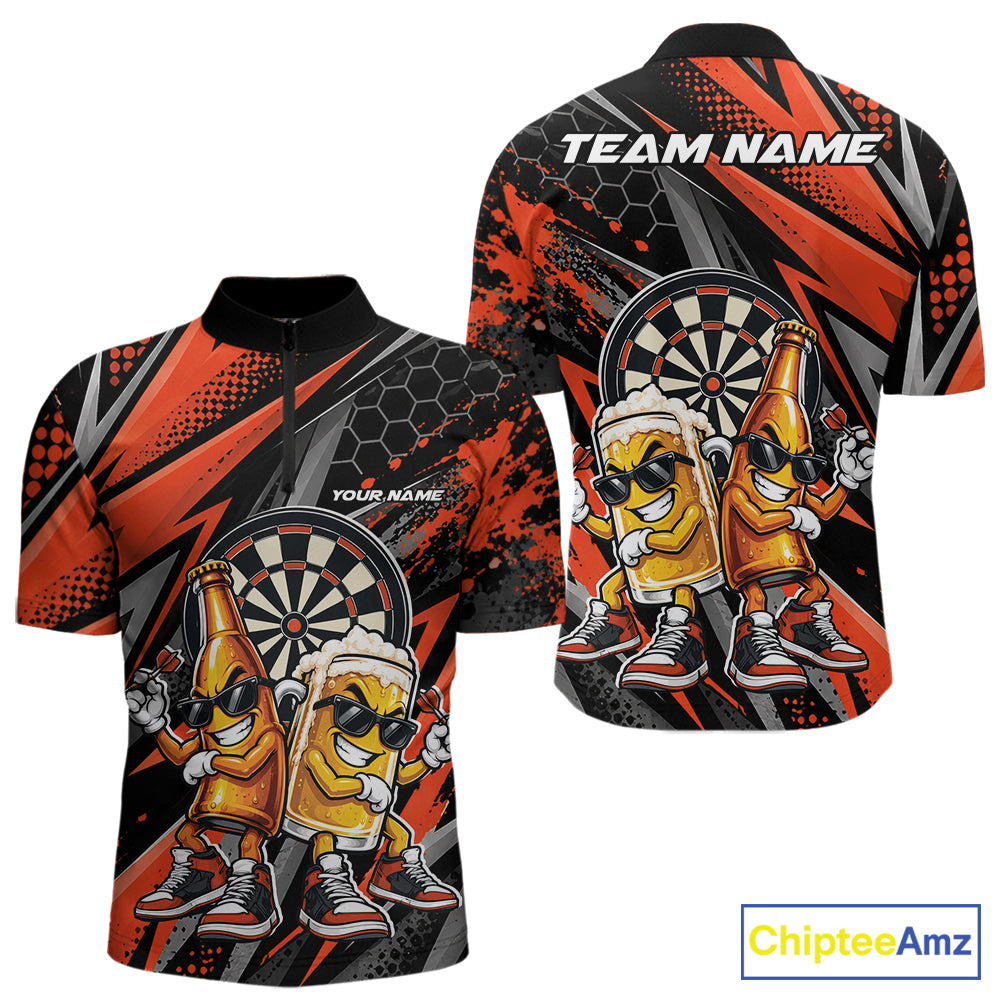 Custom Black And Orange Beer Bottle And Beer Pitcher Funny Dart Buddies Men Quarter Zip Shirt IPHW12675