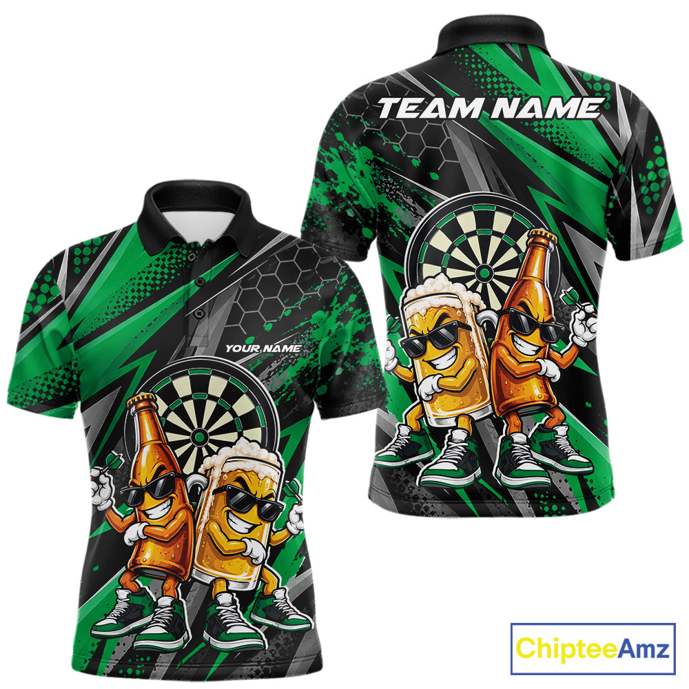 Custom Black And Green Beer Bottle And Beer Pitcher Funny Dart Buddies Men Polo Shirt IPHW12676