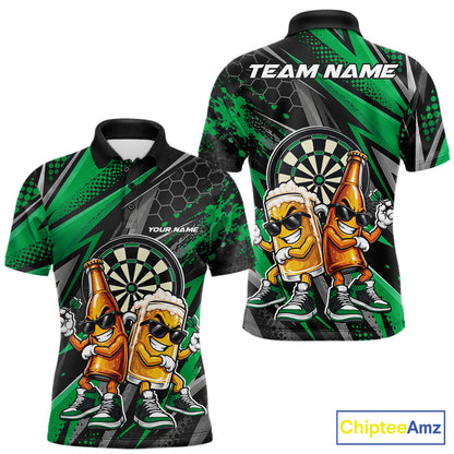 Custom Black And Green Beer Bottle And Beer Pitcher Funny Dart Buddies Men Polo Shirt IPHW12676
