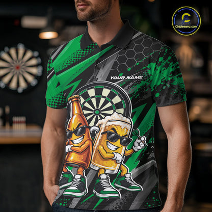 Custom Black And Green Beer Bottle And Beer Pitcher Funny Dart Buddies Men Polo Shirt IPHW12676