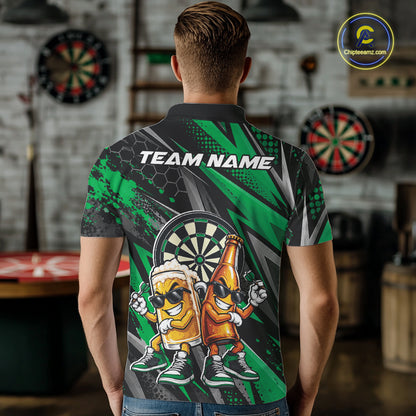Custom Black And Green Beer Bottle And Beer Pitcher Funny Dart Buddies Men Polo Shirt IPHW12676