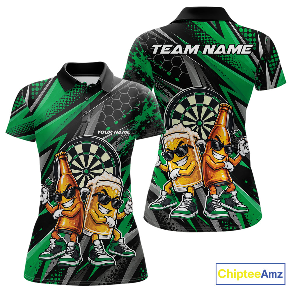 Custom Black And Green Beer Bottle And Beer Pitcher Funny Dart Buddies Women Polo Shirt IPHW12676