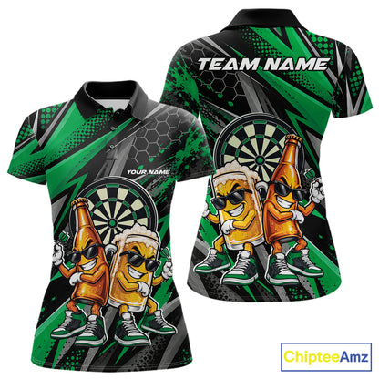 Custom Black And Green Beer Bottle And Beer Pitcher Funny Dart Buddies Women Polo Shirt IPHW12676