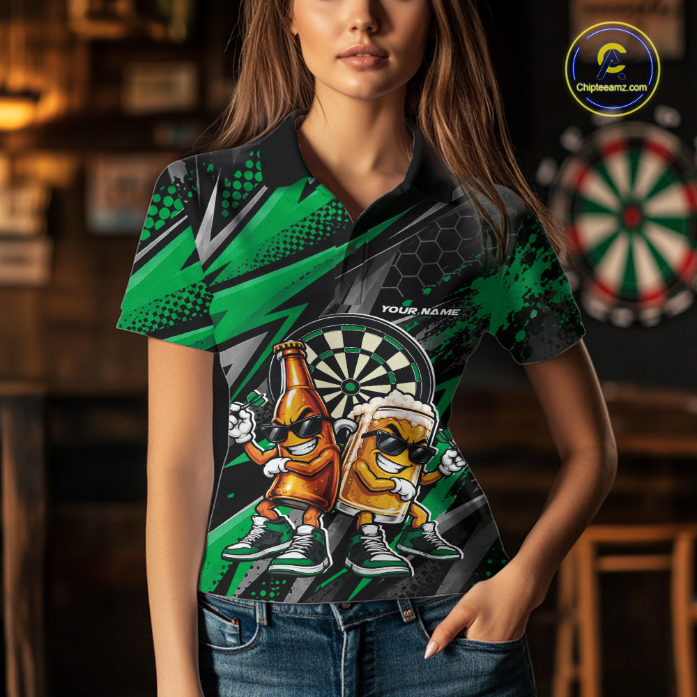 Custom Black And Green Beer Bottle And Beer Pitcher Funny Dart Buddies Women Polo Shirt IPHW12676