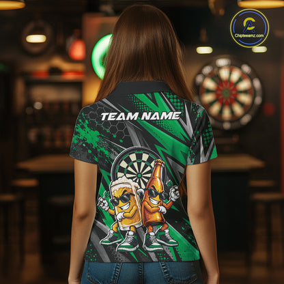 Custom Black And Green Beer Bottle And Beer Pitcher Funny Dart Buddies Women Polo Shirt IPHW12676