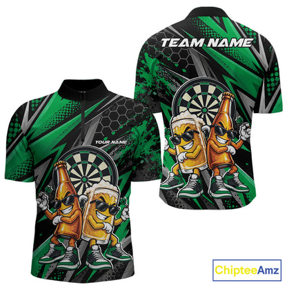 Custom Black And Green Beer Bottle And Beer Pitcher Funny Dart Buddies Men Quarter Zip Shirt IPHW12676