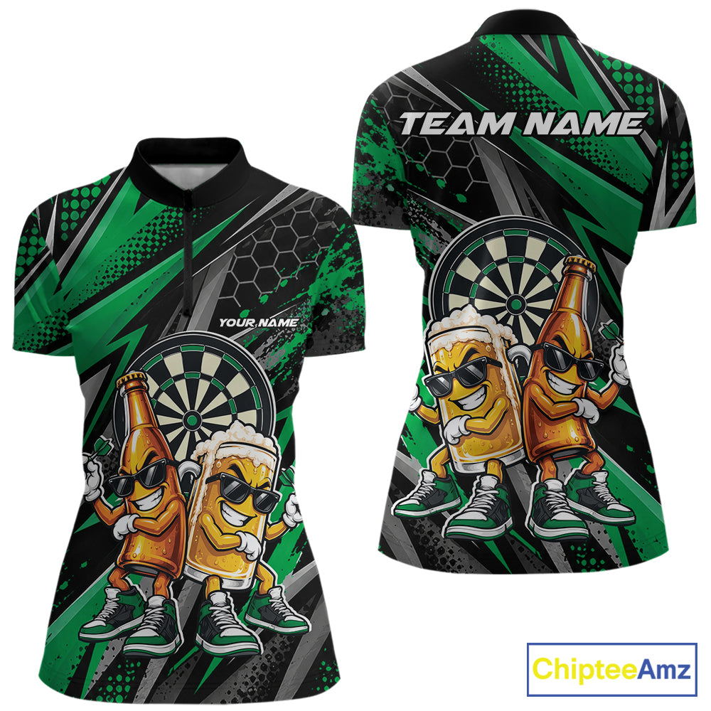 Custom Black And Green Beer Bottle And Beer Pitcher Funny Dart Buddies Women Quarter-Zip IPHW12676