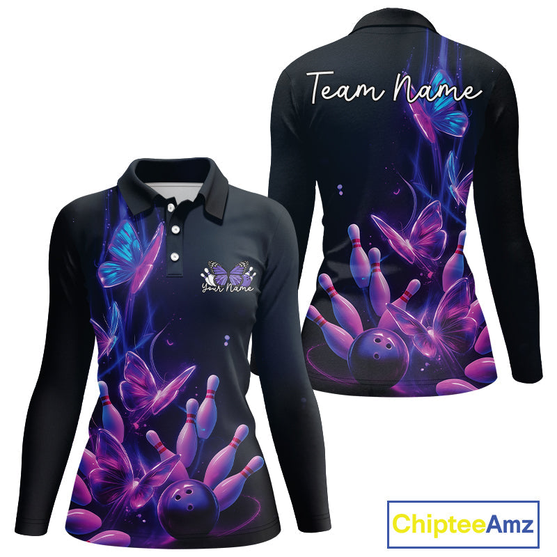 Custom Blue And Purple Butterfly Women Bowling Team Shirts, Ladies Bowling League Shirt IPHW10155