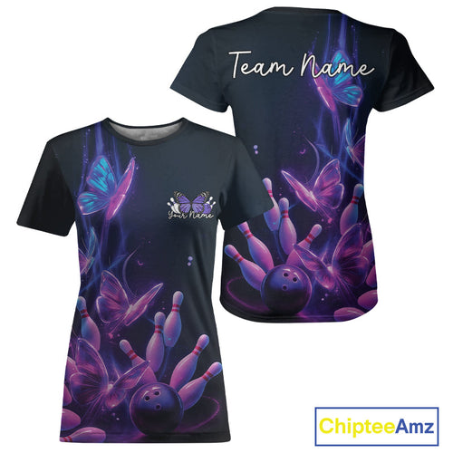 Custom Blue And Purple Butterfly Women Bowling Team, Ladies Bowling League IPHW10155