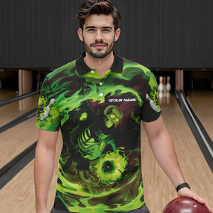 Custom Green Flame Skull Bowling Polo Shirts For Men, Skeleton Bowling Tournament Shirts IPHW8403