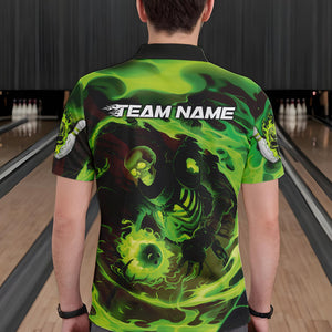 Custom Green Flame Skull Bowling Polo Shirts For Men, Skeleton Bowling Tournament Shirts IPHW8403