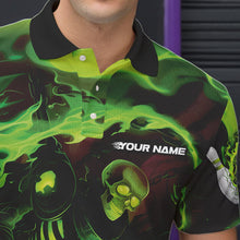 Load image into Gallery viewer, Custom Green Flame Skull Bowling Polo Shirts For Men, Skeleton Bowling Tournament Shirts IPHW8403