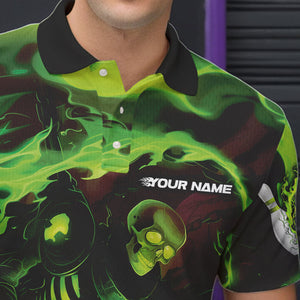 Custom Green Flame Skull Bowling Polo Shirts For Men, Skeleton Bowling Tournament Shirts IPHW8403