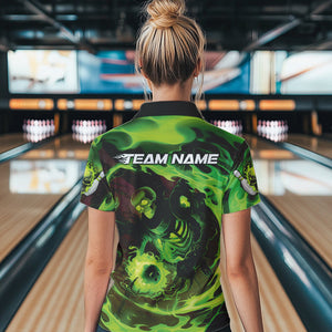 Custom Green Flame Skull Bowling Polo Shirts For Women, Skeleton Bowling Tournament Shirts IPHW8403