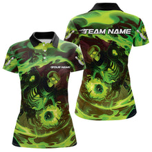 Load image into Gallery viewer, Custom Green Flame Skull Bowling Polo Shirts For Women, Skeleton Bowling Tournament Shirts IPHW8403