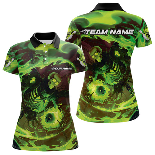 Custom Green Flame Skull Bowling Polo Shirts For Women, Skeleton Bowling Tournament Shirts IPHW8403