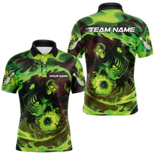 Load image into Gallery viewer, Custom Green Flame Skull Bowling Polo Shirts For Men, Skeleton Bowling Tournament Shirts IPHW8403