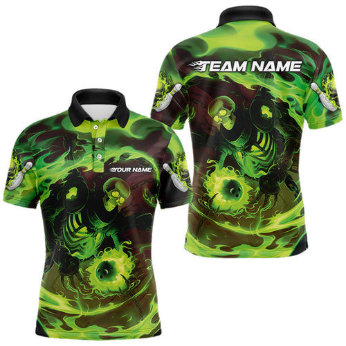 Custom Green Flame Skull Bowling Polo Shirts For Men, Skeleton Bowling Tournament Shirts IPHW8403