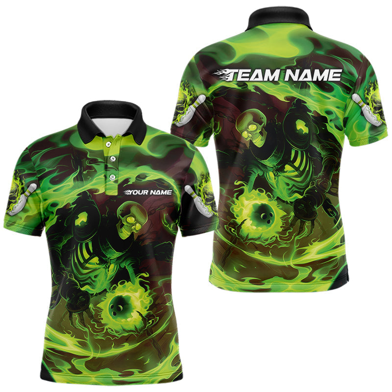 Custom Green Flame Skull Bowling Polo Shirts For Men, Skeleton Bowling Tournament Shirts IPHW8403