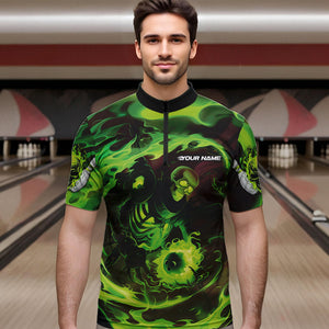 Custom Green Flame Skull Bowling Quarter-Zip Shirts For Men, Skeleton Bowling Tournament Shirts IPHW8403