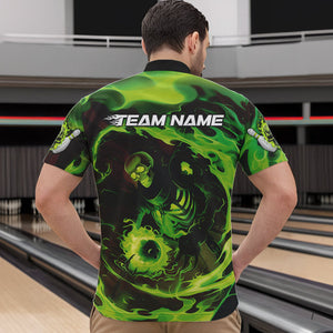 Custom Green Flame Skull Bowling Quarter-Zip Shirts For Men, Skeleton Bowling Tournament Shirts IPHW8403