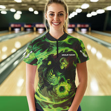 Load image into Gallery viewer, Custom Green Flame Skull Bowling Womens Quarter-Zip Shirt, Ladies Tournament Bowling Shirts IPHW8403