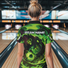 Load image into Gallery viewer, Custom Green Flame Skull Bowling Womens Quarter-Zip Shirt, Ladies Tournament Bowling Shirts IPHW8403