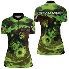 Load image into Gallery viewer, Custom Green Flame Skull Bowling Womens Quarter-Zip Shirt, Ladies Tournament Bowling Shirts IPHW8403