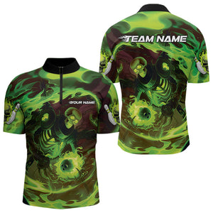 Custom Green Flame Skull Bowling Quarter-Zip Shirts For Men, Skeleton Bowling Tournament Shirts IPHW8403