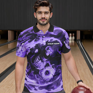 Custom Purple Flame Skull Bowling Polo Shirts For Men, Skeleton Bowling Tournament Shirts IPHW8404