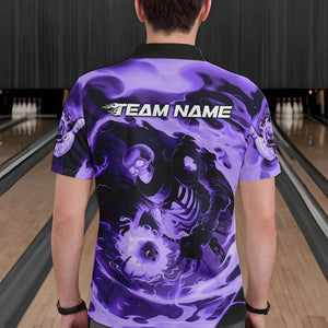 Custom Purple Flame Skull Bowling Polo Shirts For Men, Skeleton Bowling Tournament Shirts IPHW8404