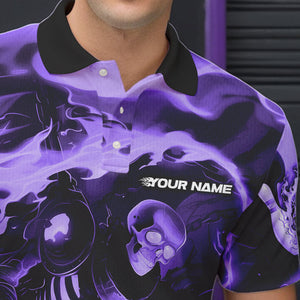 Custom Purple Flame Skull Bowling Polo Shirts For Men, Skeleton Bowling Tournament Shirts IPHW8404