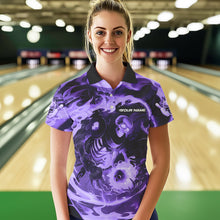 Load image into Gallery viewer, Custom Purple Flame Skull Bowling Polo Shirts For Women, Skeleton Bowling Tournament Shirts IPHW8404
