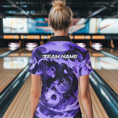 Custom Purple Flame Skull Bowling Polo Shirts For Women, Skeleton Bowling Tournament Shirts IPHW8404