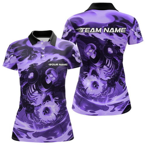 Custom Purple Flame Skull Bowling Polo Shirts For Women, Skeleton Bowling Tournament Shirts IPHW8404